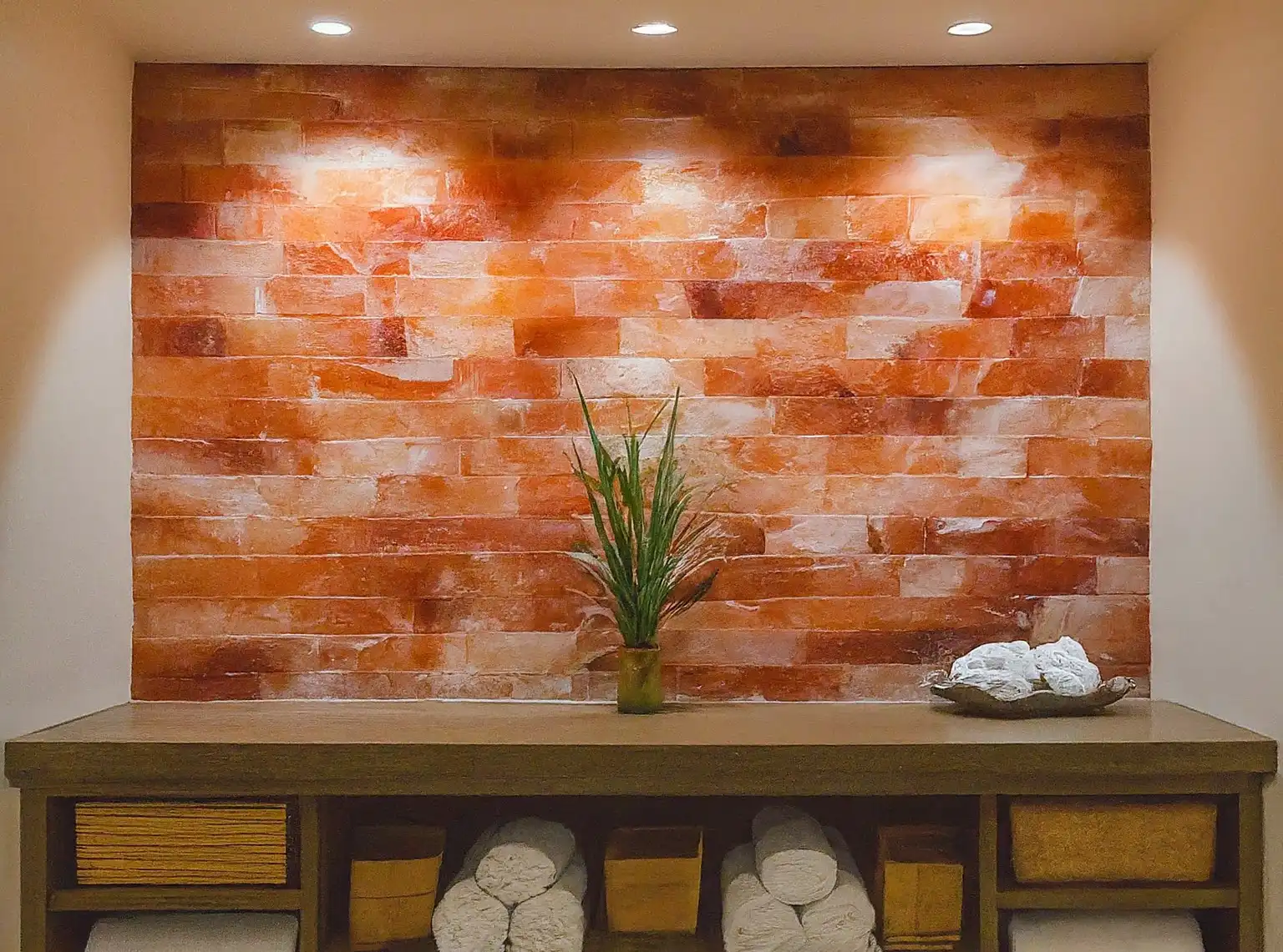 Image of a modern sauna featuring a sleek desk made of wood, positioned in front of a stunning wall crafted from glowing Himalayan salt bricks, creating a tranquil and therapeutic atmosphere.