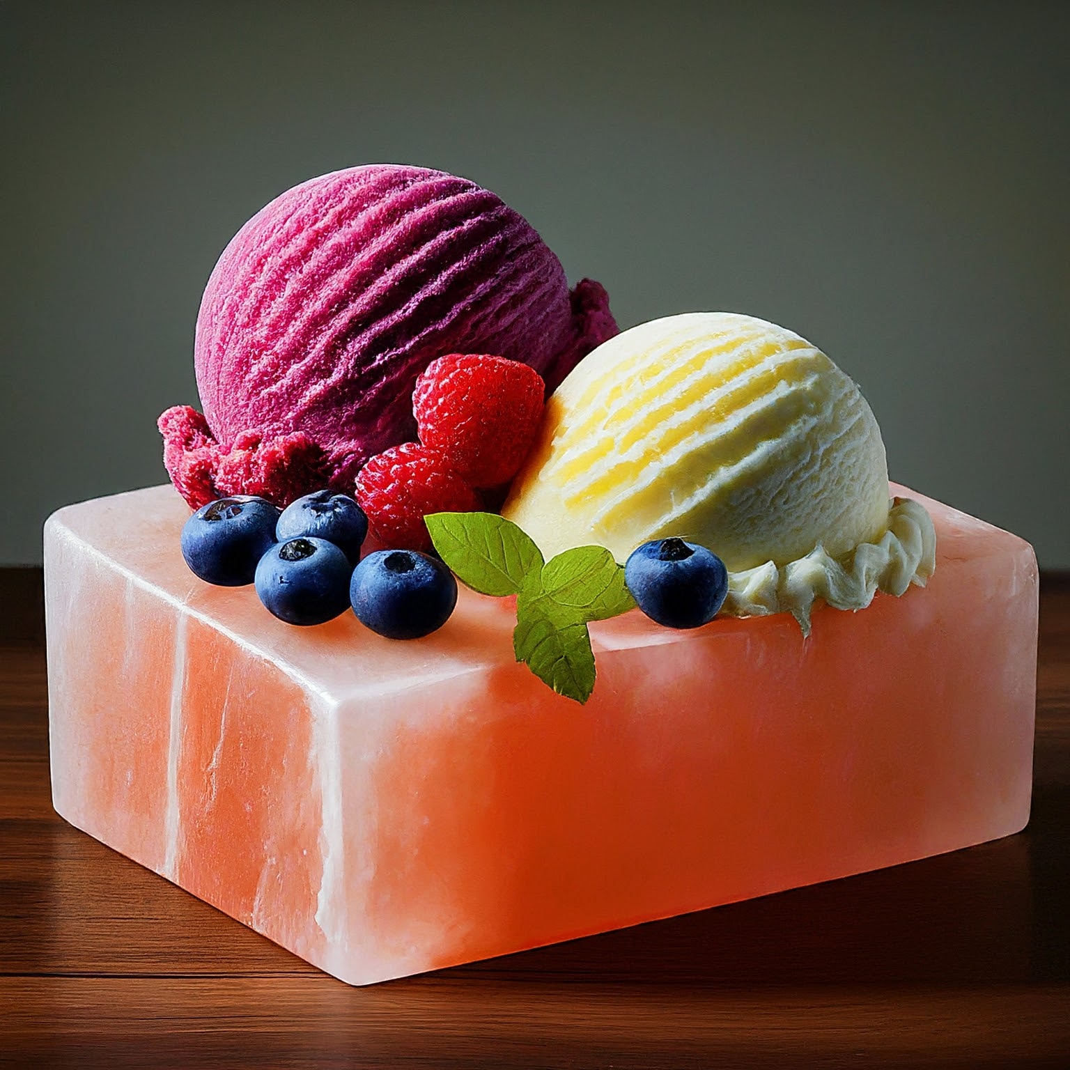 A vibrant platter of raspberry, lemon, and blueberry sorbet scoops arranged on a chilled Himalayan salt block, garnished with fresh berries.