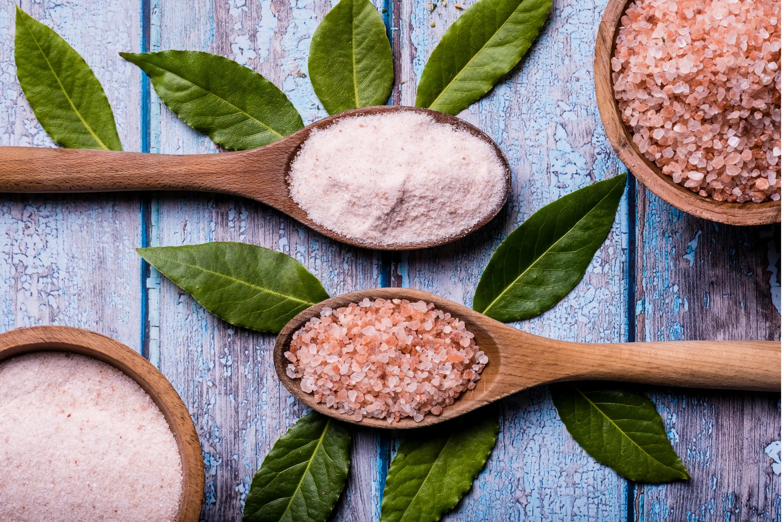 Photo featuring two bowls filled with pink and red Himalayan salt grains, with a spoon scooping red salt and green leaves for decoration.