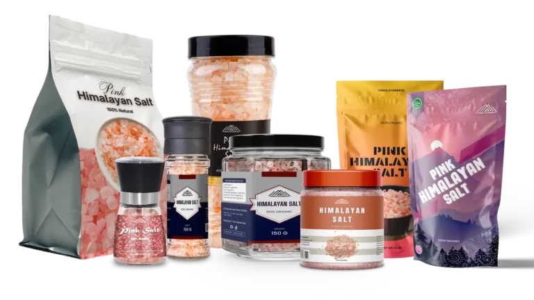 Image showing different pink himalayan salt products in shaker bottles, jars and standup pouches